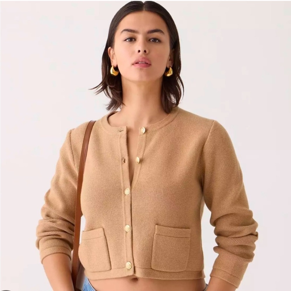 J. Crew Emilie Patch-Pocket Sweater Lady Jacket Tan/Camel Button-Up Front SZ L